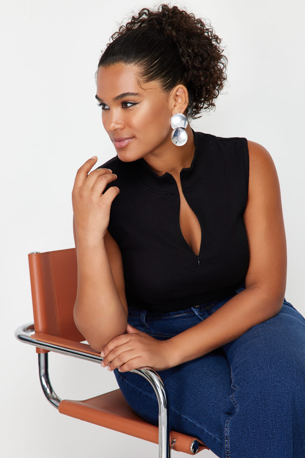 Trendyol Curve Black Zippered 100% Cotton Ribbed Camisole Knit Plus Size Blouse