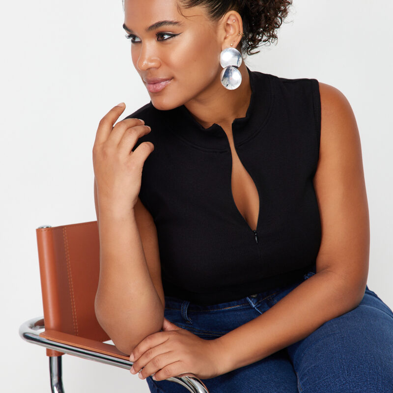 Trendyol Curve Black Zippered 100% Cotton Ribbed Camisole Knit Plus Size Blouse