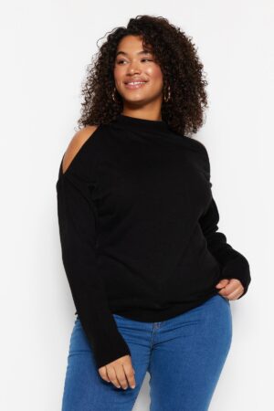 Trendyol Curve Black kivágott részletes kötöttáru pulóver