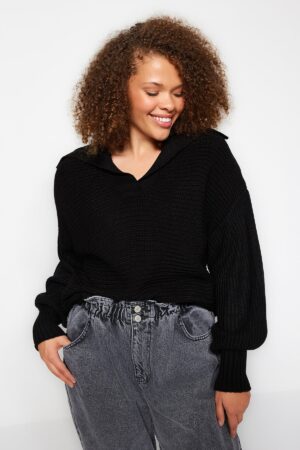 Trendyol Curve Black széles nyakú kötöttáru pulóver