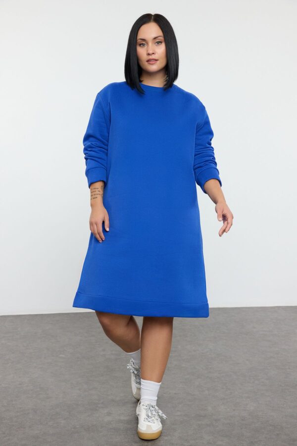 Trendyol Curve Blue 2 Yarn Non-raising Crew Neck Knitting Plus Size Sweatshirt Dress