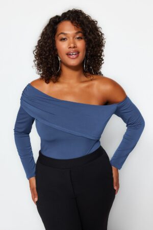 Trendyol Curve Blue Asymmetric Collar Knitted Blouse
