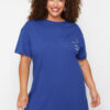 Trendyol Curve Blue Bike Collar slogan Printed 100% Cotton Knitted Plus Size T-shirt Dress