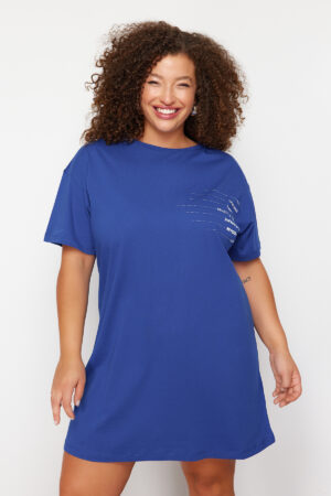 Trendyol Curve Blue Bike Collar slogan Printed 100% Cotton Knitted Plus Size T-shirt Dress