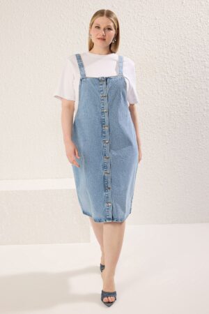 Trendyol Curve Blue Button Front Suspender Rigid Denim Plus Size Dress
