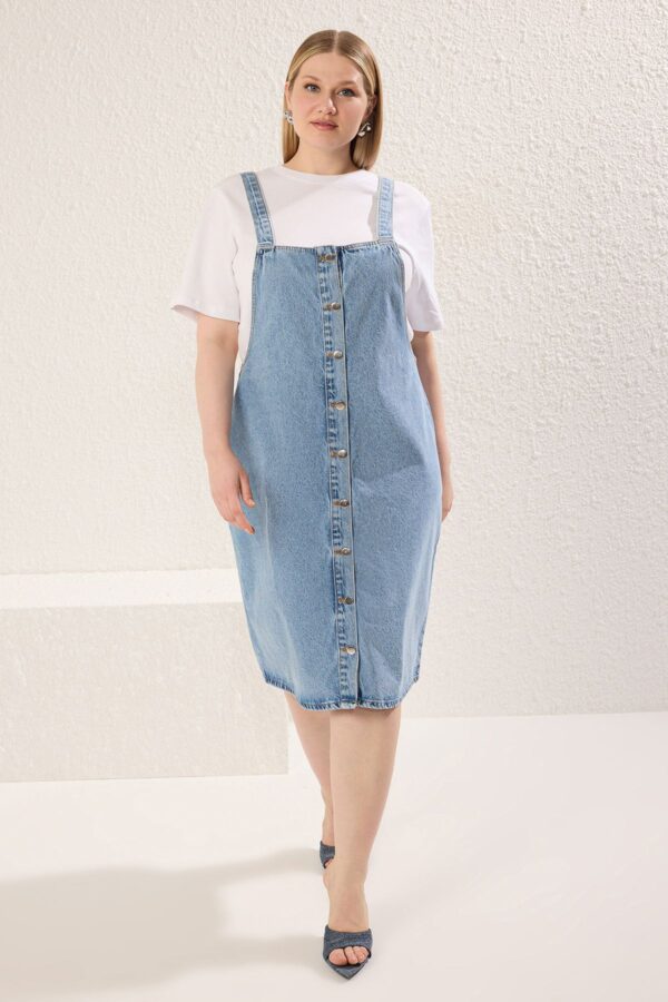 Trendyol Curve Blue Button Front Suspender Rigid Denim Plus Size Dress