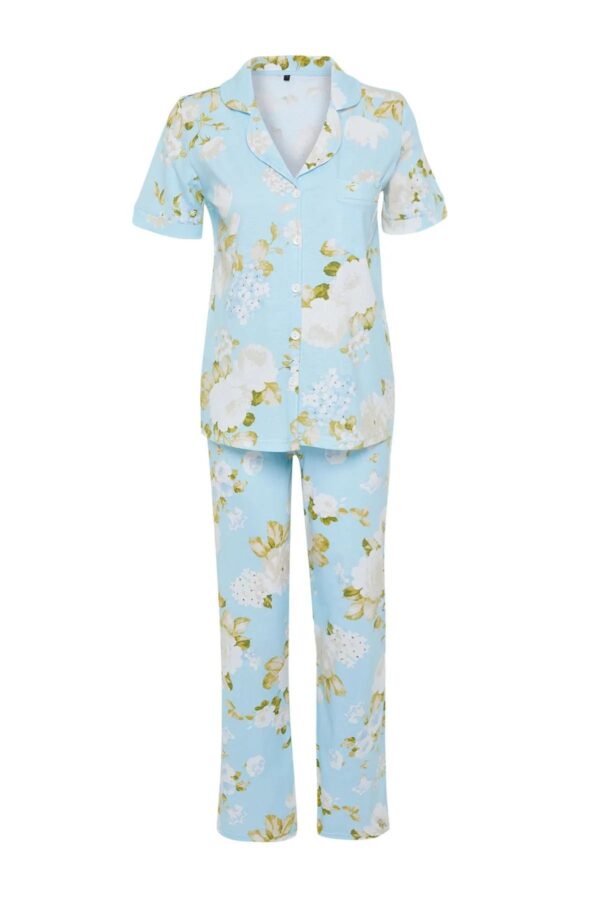 Trendyol Curve Blue Floral Patterned Shirt Collar Knitted Pajama Set