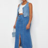 Trendyol Curve Blue Front Slit Detailed Midi Denim Skirt