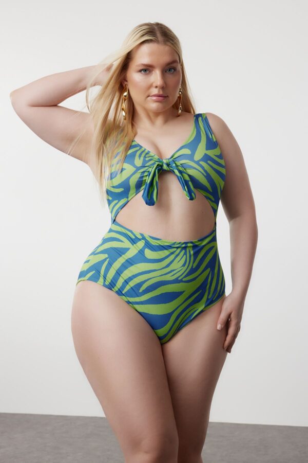 Trendyol Curve Blue-Green Deep V Cut Out Tie Detail Abstract Pattern Plus Size Swimsuit