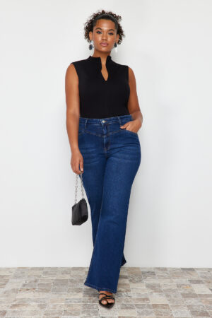 Trendyol Curve Blue High Waist Comfort Stitch Detail Spanish Leg Flare Fit Jeans