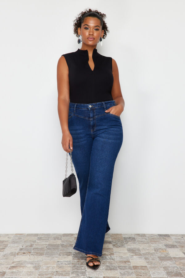Trendyol Curve Blue High Waist Comfort Stitch Detail Spanish Leg Flare Fit Jeans