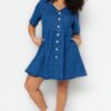 Trendyol Curve Blue Open Waist/Skater V-Neck Denim Dress