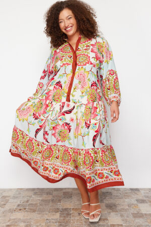 Trendyol Curve Blue Poplin Woven Floral Plus Size Dress