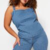 Trendyol Curve Blue Stone Detailed Crop Denim Blouse
