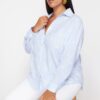 Trendyol Curve Blue Striped Floral Cotton Woven Plus Size Shirt