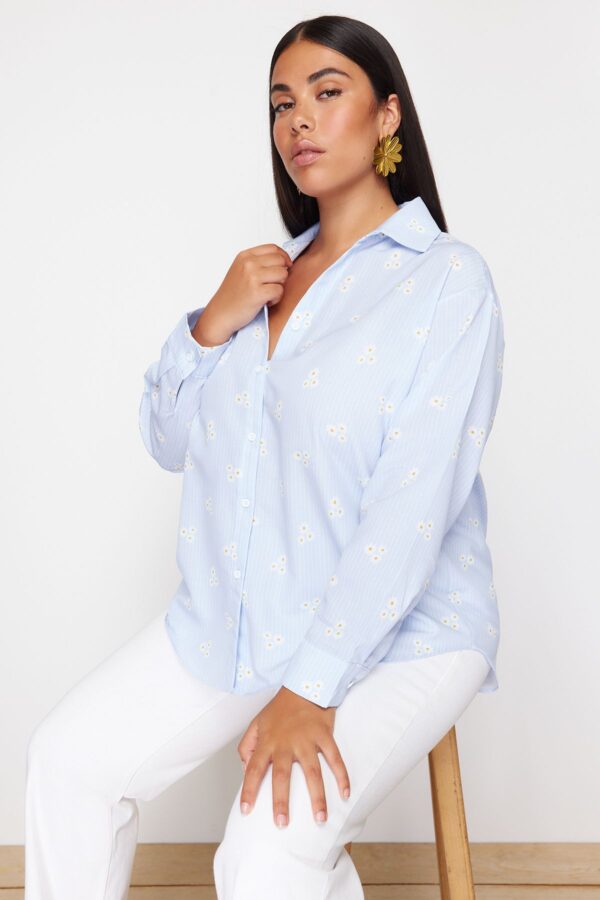Trendyol Curve Blue Striped Floral Cotton Woven Plus Size Shirt