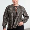 Trendyol Curve Brown Animal Patterned Front Tie Detail Plus Size Denim Shirt