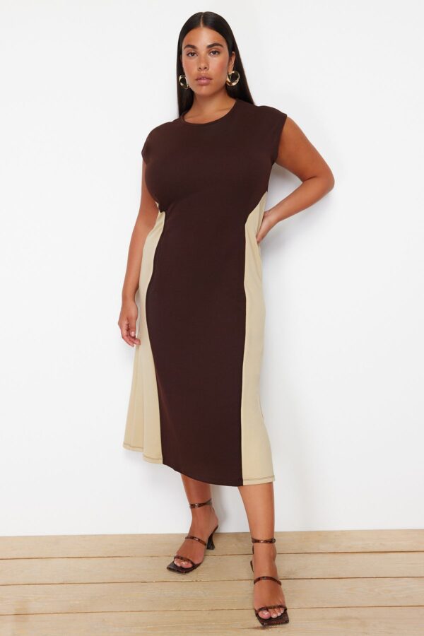 Trendyol Curve Brown-Beige Color Block Midi Crepe Knitted Plus Size Dress