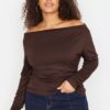Trendyol Curve Brown Carmen/Madonna Collar Flexible Draped Knit Plus Size Blouse