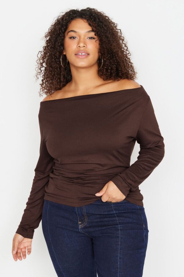 Trendyol Curve Brown Carmen/Madonna Collar Flexible Draped Knit Plus Size Blouse