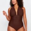 Trendyol Curve Brown Deep V Back Crossover Swimsuit