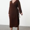 Trendyol Curve Brown Double Breasted Tie Detailed Midi Knitwear Dress