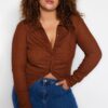 Trendyol Curve Brown Fitted Gathered Knitted Shirt