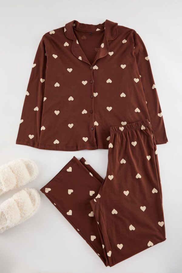 Trendyol Curve Brown Heart Shirt Collar Knitted Pajama Set