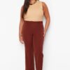 Trendyol Curve Brown High Waist Ribbed Stitched Spanish Leg Woven Fabric Trousers