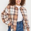 Trendyol Curve Brown Plaid Long Sleeve Oversize Winter Woven Shirt