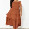 Trendyol Curve Brown Relaxed Adjustable Strap Long Woven Plus Size Dress