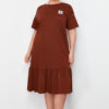 Trendyol Curve Brown Skirt Ruffled Label Detailed 100% Cotton Knitted Plus Size T-shirt Dress