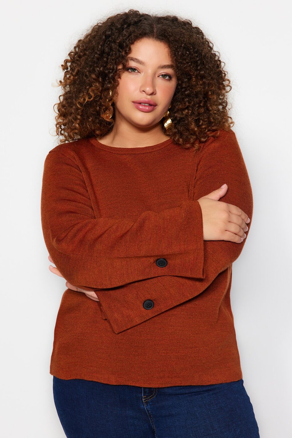 Trendyol Curve Brown Sleeve Button Detailed Knitwear Sweater