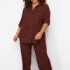 Trendyol Curve Brown Textured Button-Woven Shirt-Trousers Plus Size Bottom-Top Set
