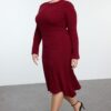 Trendyol Curve Burgundy Corduroy Midi Length Knit Dress