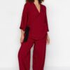 Trendyol Curve Burgundy Double Breasted Collar Tied Woven Pajamas Set