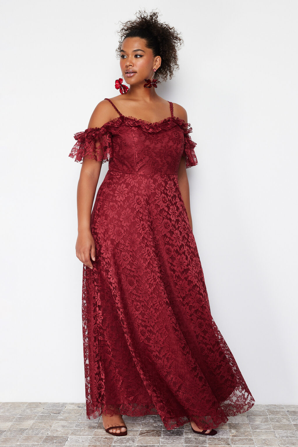 Trendyol Curve Burgundy Strappy A-Line/Flared Lace Maxi/Long Length Evening Dress/Graduation/Engagement/Evening Dress