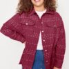 Trendyol Curve Burgundy Tweed Plaid/Checked Pocket Woven Plus Size Shirt