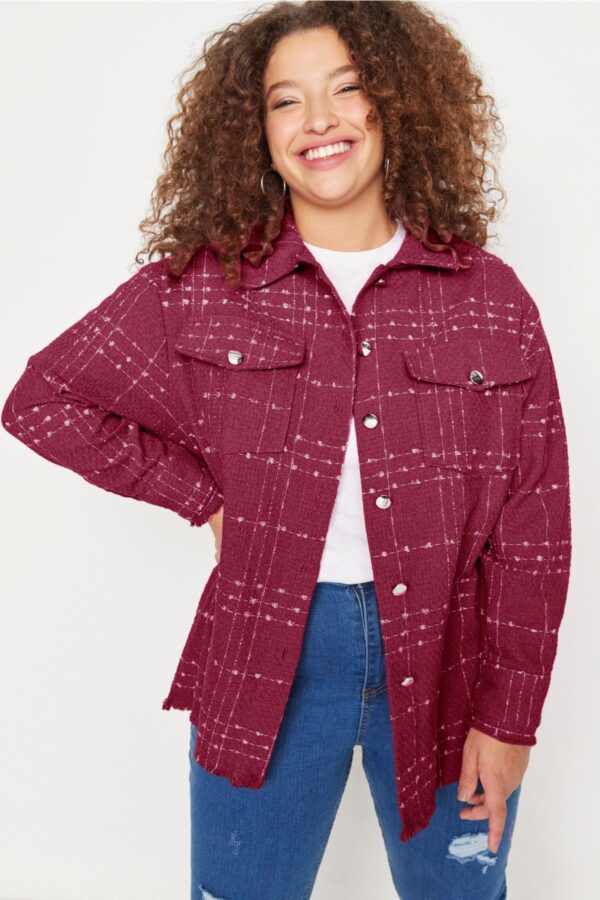 Trendyol Curve Burgundy Tweed Plaid/Checked Pocket Woven Plus Size Shirt Trendyol Curve Burgundy Tweed Plaid/Checked Pocket Woven Plus Size Shirt