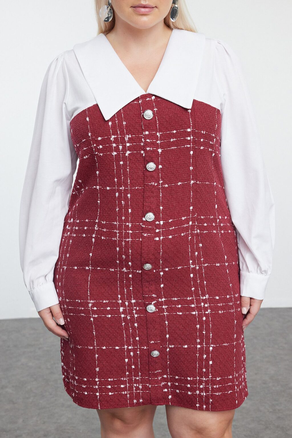 Trendyol Curve Burgundy Tweed Woven Plus Size Dress