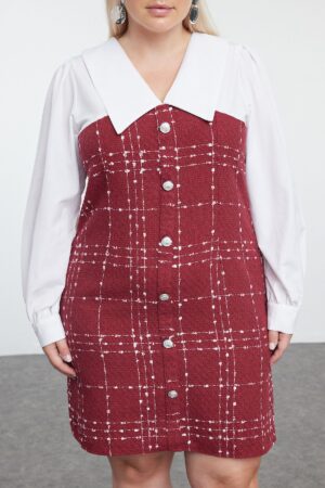 Trendyol Curve Burgundy Tweed Woven Plus Size Dress