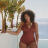 Trendyol Curve Burgundy V-Neck Textured Swimsuit