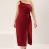 Trendyol Curve Claret Red Asymmetrical Single Sleeve Woven Evening Dress/Graduation/Cocktail/Party Plus Size Dress
