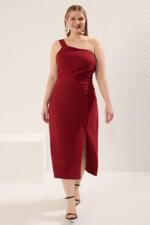 Trendyol Curve Claret Red Asymmetrical Single Sleeve Woven Evening Dress/Graduation/Cocktail/Party Plus Size Dress
