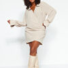 Trendyol Curve Cream Double Breasted Mini Long Sleeve Shirt Collar Woven Dress