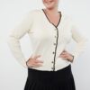 Trendyol Curve Cream Gold Button Detailed Striped Knitted Cardigan