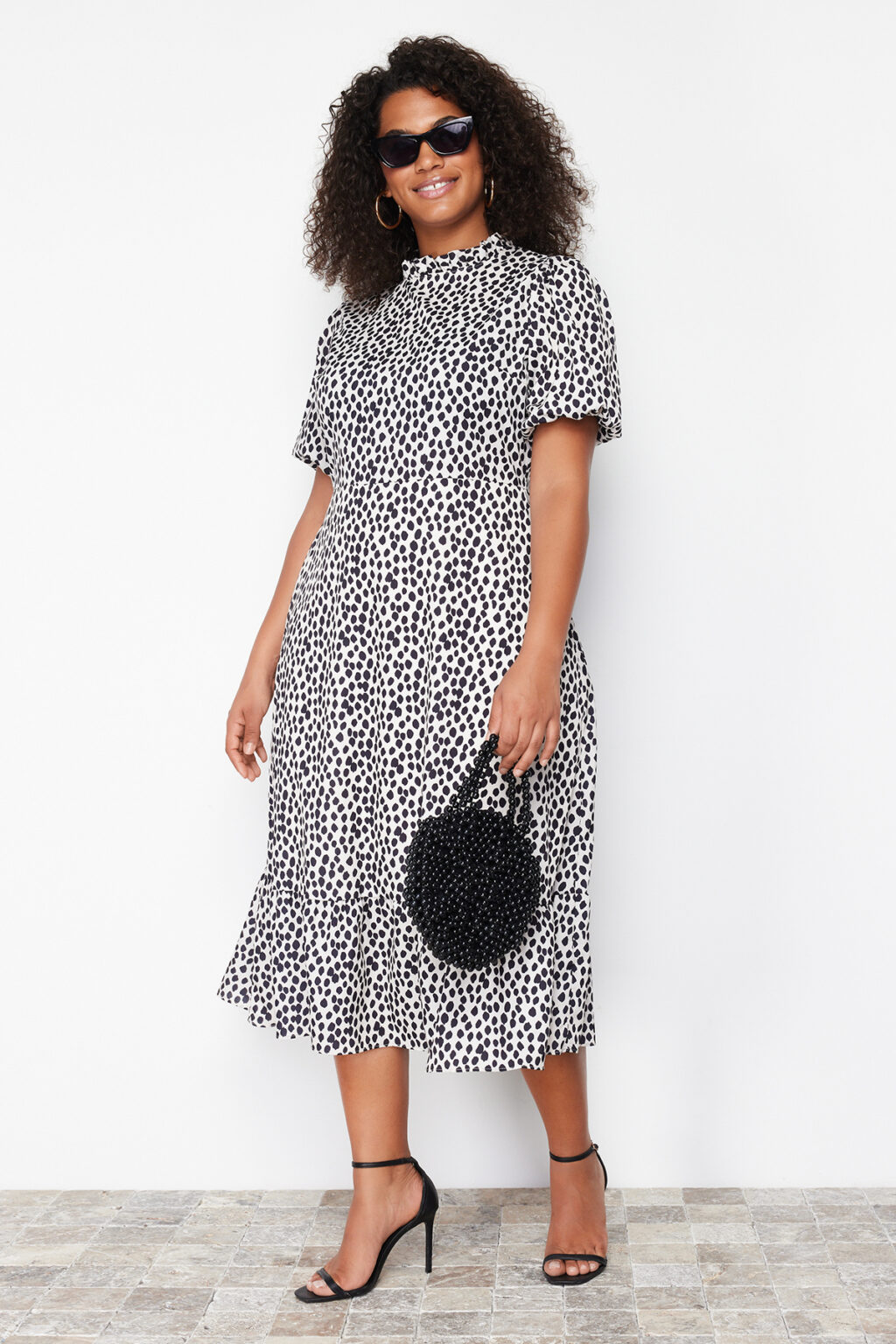 Trendyol Curve Cream Stand Collar Animal Patterned Balloon Sleeve Long Woven Dress