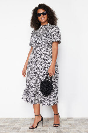 Trendyol Curve Cream Stand Collar Animal Patterned Balloon Sleeve Long Woven Dress