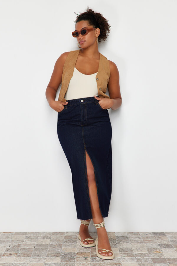 Trendyol Curve Dark Blue Slit Maxi Denim Skirt