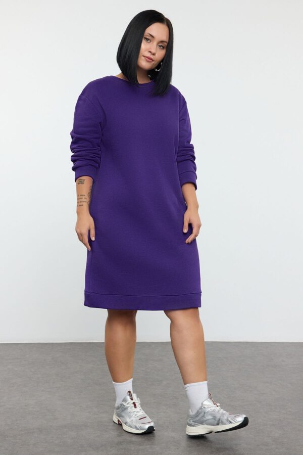 Trendyol Curve Dark Purple 2 Yarn Non-raising Crew Neck Knitting Plus Size Sweatshirt Dress